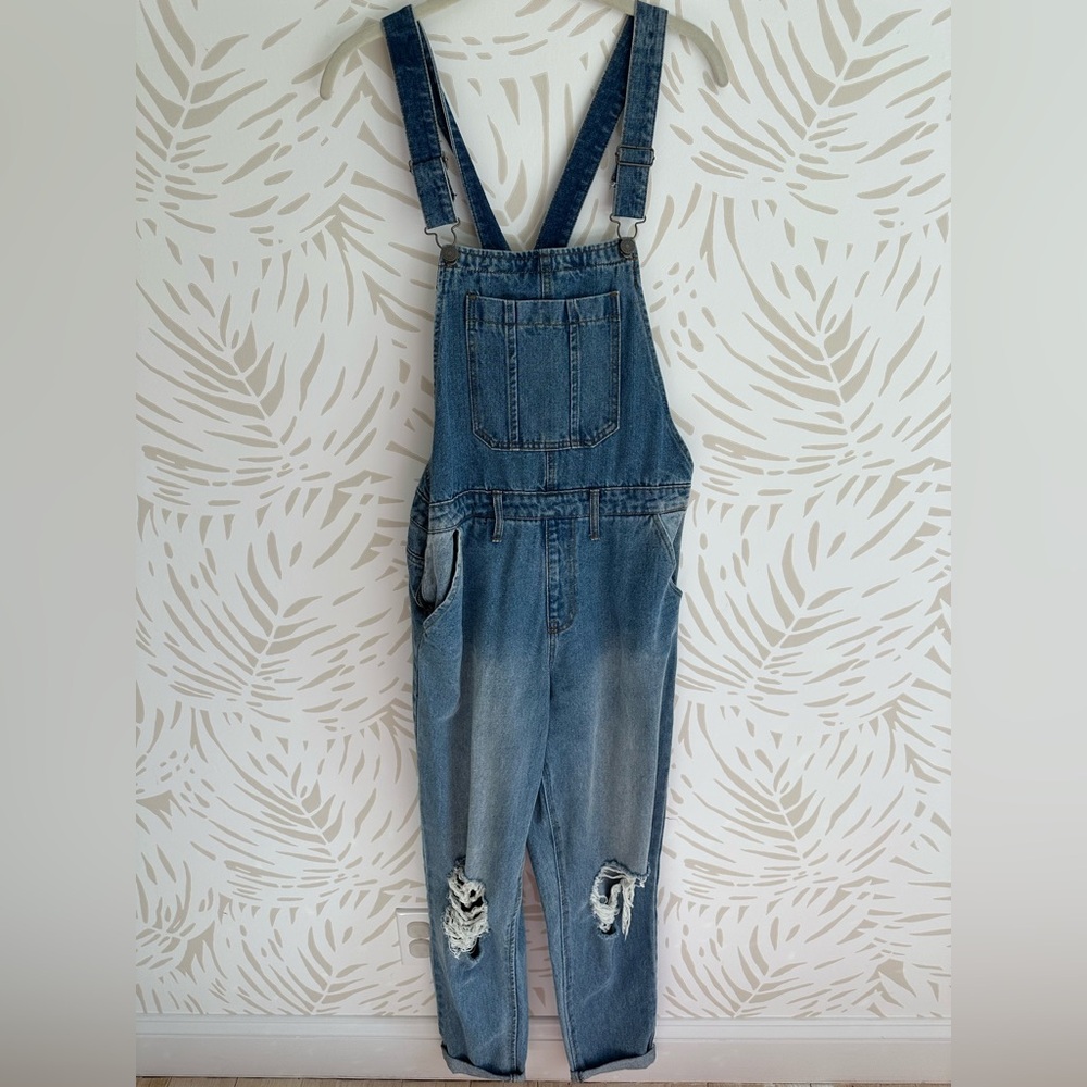 Blue Denim Overalls with Distressed Details